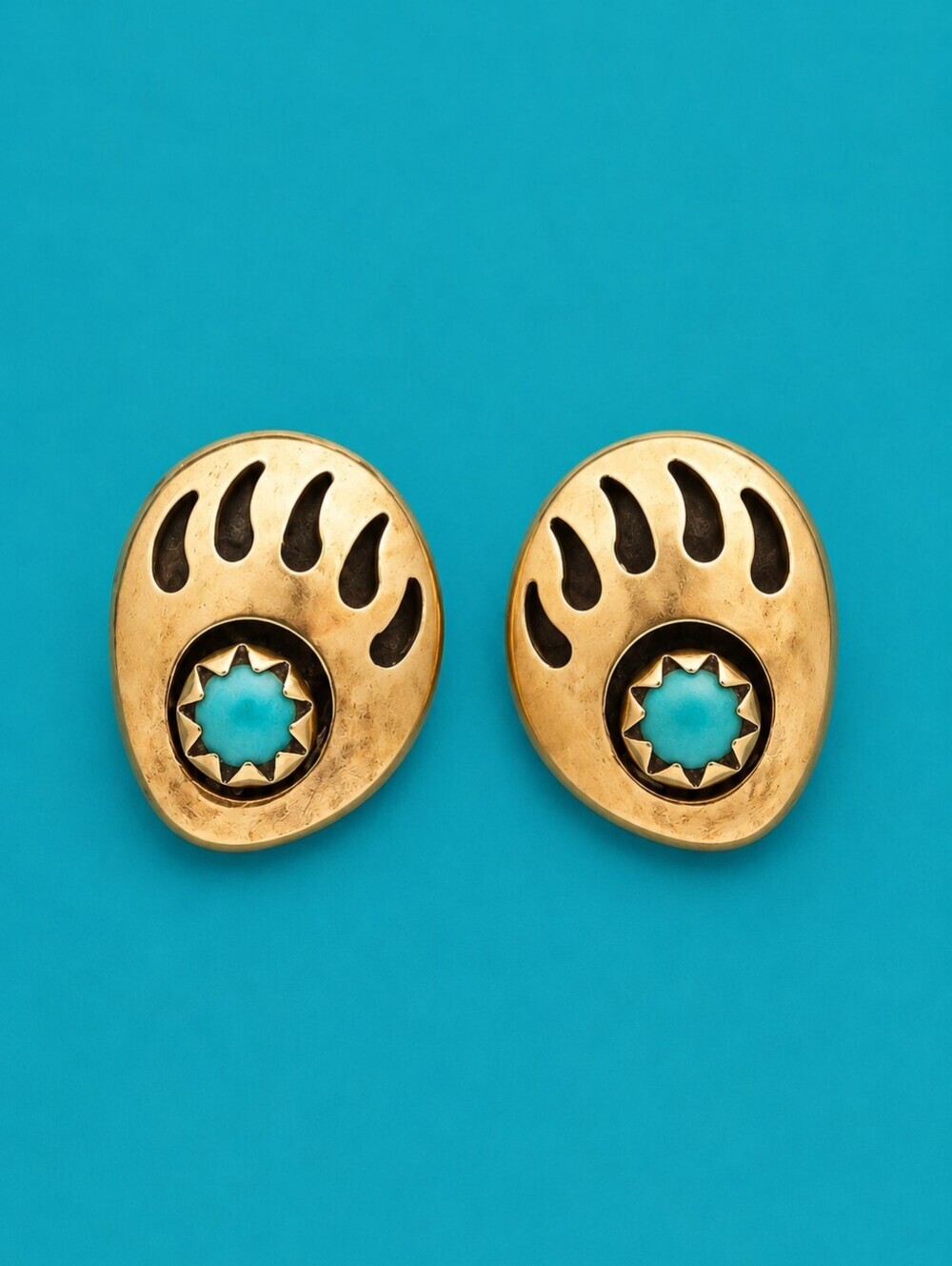 Vintage Artisan Native American Silver Turquoise Bear Paw Earrings